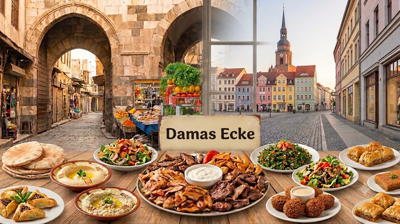 Tafel mit dem Schriftzug Damas Ecke vor der Damaszener Altstadt und dem Cottbuser Altmarkt, davor Fladenbrot, Hummus, Mutabbal, Salate, Grillplatte, Falafel und Baklava