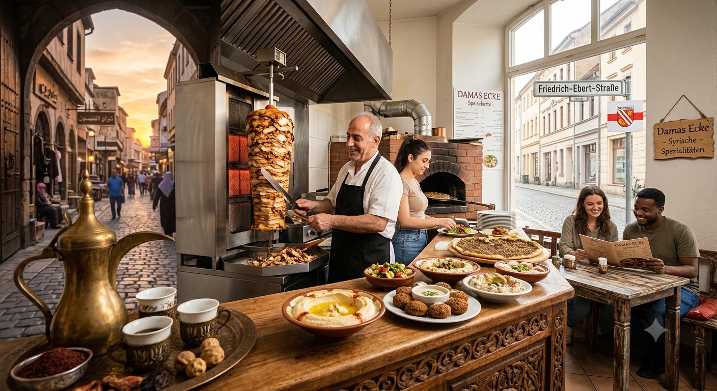 Am Schawarma-Spieß von Damas Ecke wird Fleisch geschnitten, im Hintergrund der Steinofen und Gäste an einem Tisch mit der Speisekarte