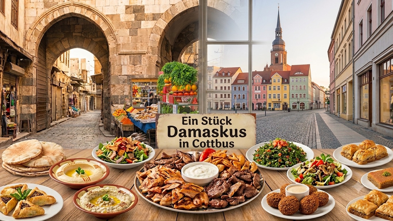Blick von einer Gasse der Damaszener Altstadt auf den Cottbuser Altmarkt, davor eine gedeckte Tafel mit Hummus, Falafel, Salaten, Grillfleisch und Baklava