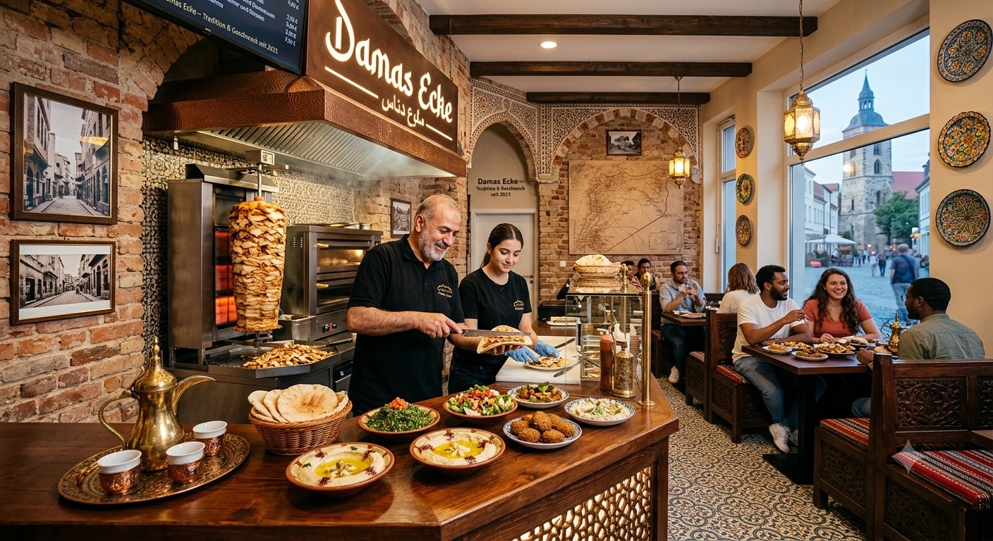 Der Gastraum von Damas Ecke mit Backsteinwänden, orientalischen Lampen und Wandtellern; am Tresen werden Fladenbrot, Hummus und Falafel angerichtet