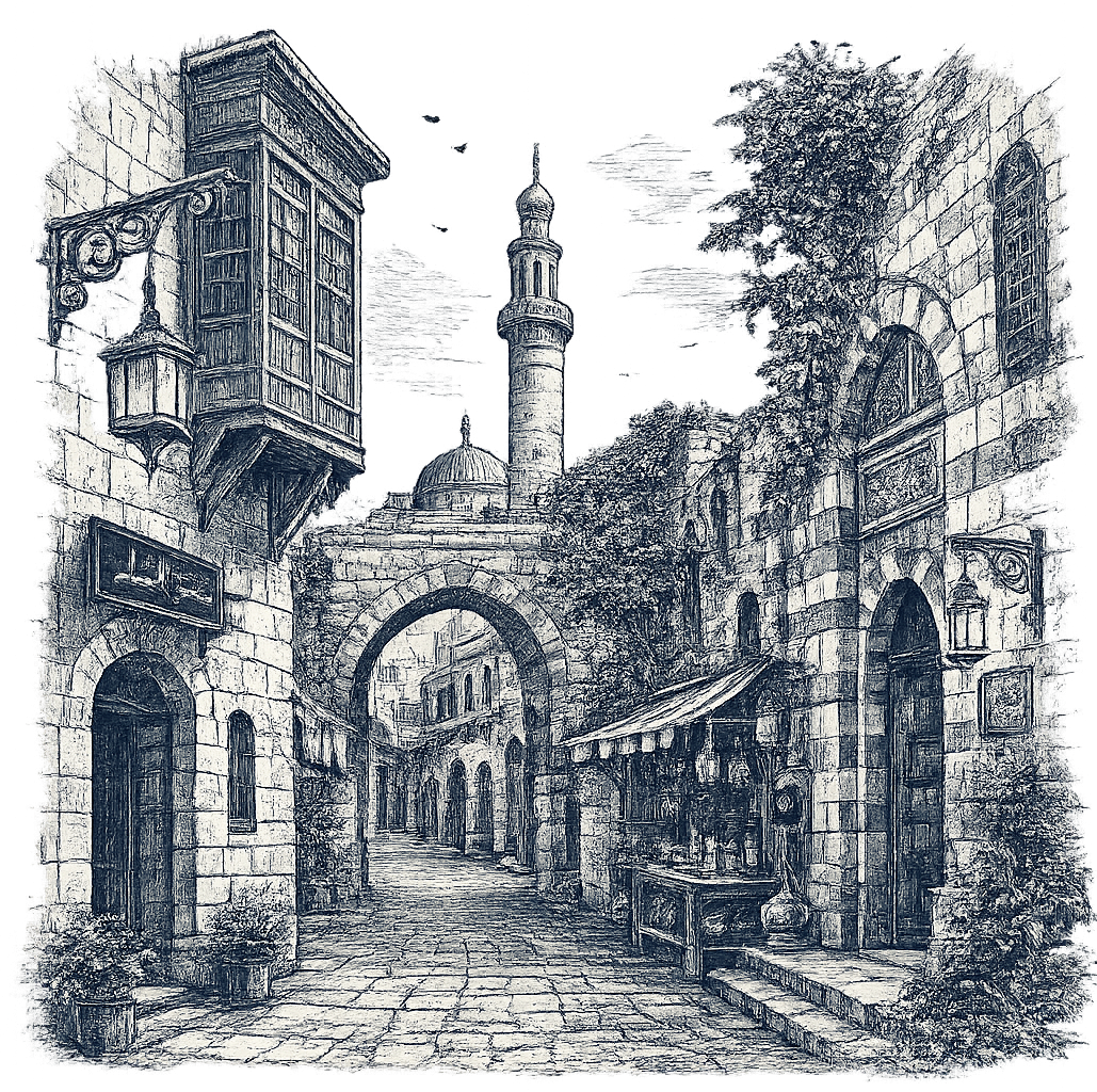 Gasse der Altstadt von Damaskus mit Torbogen, Minarett und Basar