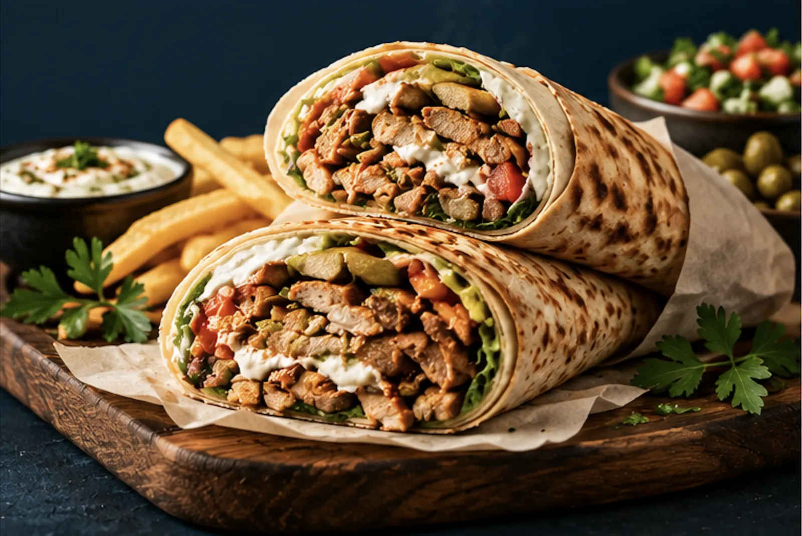 Aufgeschnittene Shawarma-Rollen auf einem Holzbrett mit Pommes und Dip