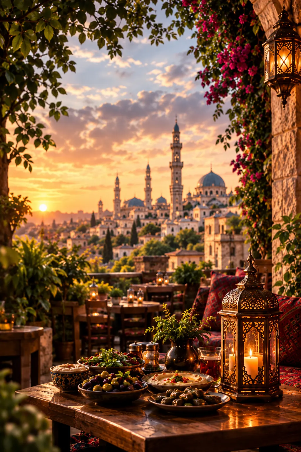 Gedeckter Tisch mit Mezze und Laternen auf einer Terrasse, im Hintergrund die Kuppeln von Damaskus im Abendrot