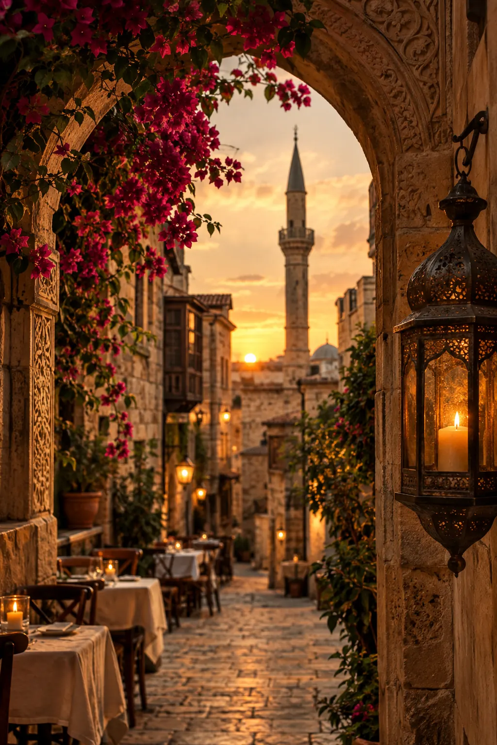 Bougainvillea über einem alten Torbogen, dahinter ein Minarett im Abendlicht und eine Laterne mit Kerze