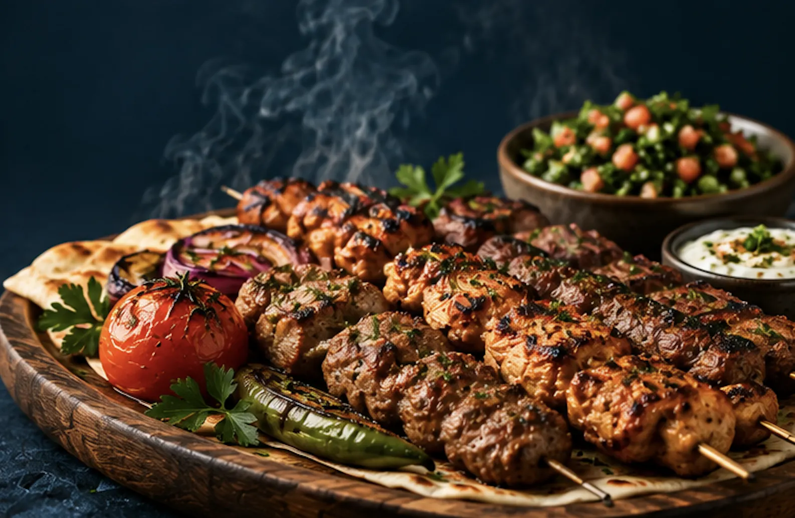 Gemischte Grillplatte vom Holzkohlegrill mit Kebab, Shish Taouk und Lammspießen, dazu Tabbouleh, Joghurt und Fladenbrot