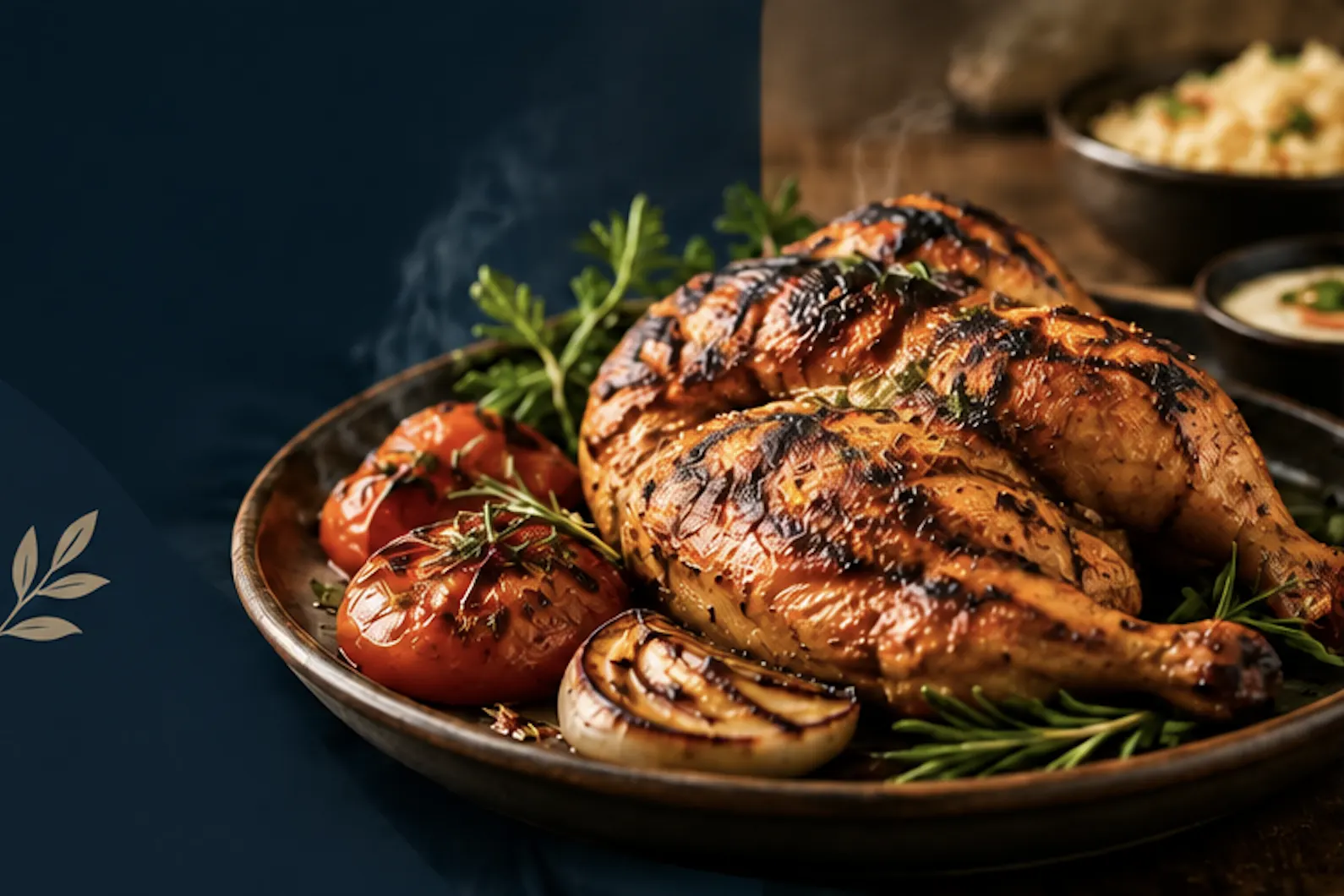 Hauptspeise bei Damas Ecke: halbes gegrilltes Hähnchen vom Grill mit Kräutern, gegrillten Tomaten und einer Schale Reis