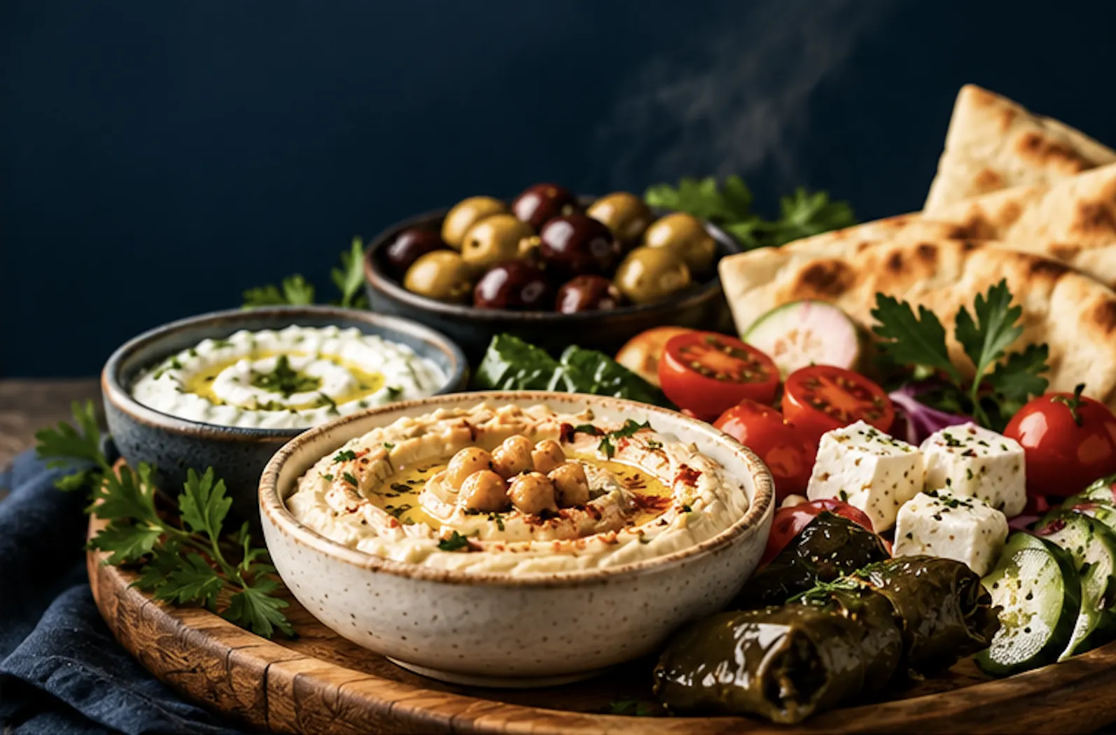 Kalte Mezze bei Damas Ecke: Hummus Msabbaha, Mutabbal, gefüllte Weinblätter (Yalanji), Oliven, Tomaten und Fladenbrot