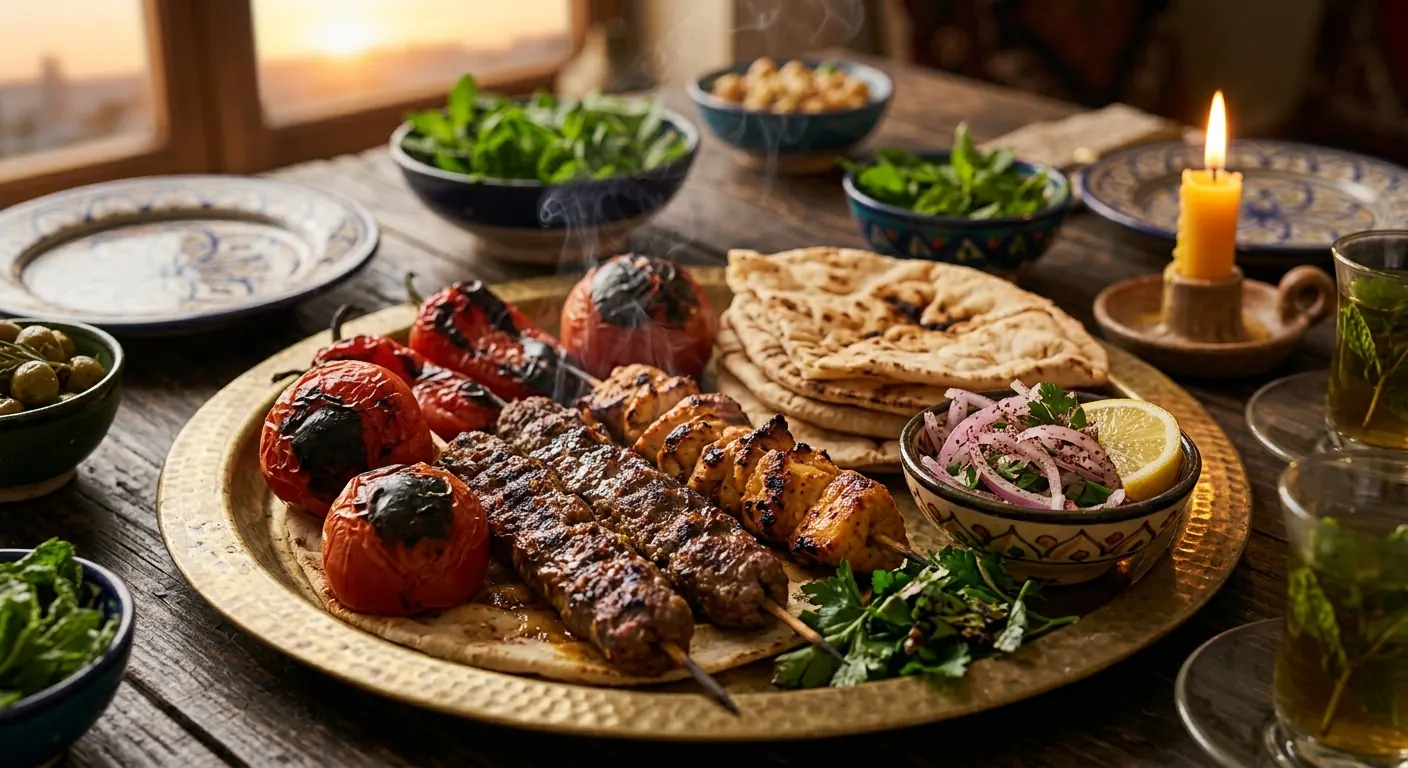 Grillplatte mit Kebab, Shish Taouk, gegrillten Tomaten und Fladenbrot auf einem Messingtablett