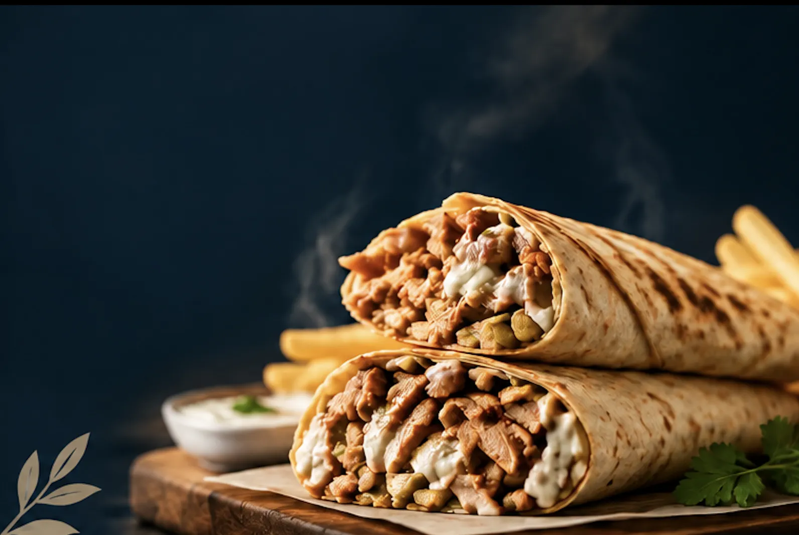 Zwei aufgeschnittene Shawarma Sandwiches im dünnen Brot mit Pommes und Knoblauchcreme auf einem Holzbrett