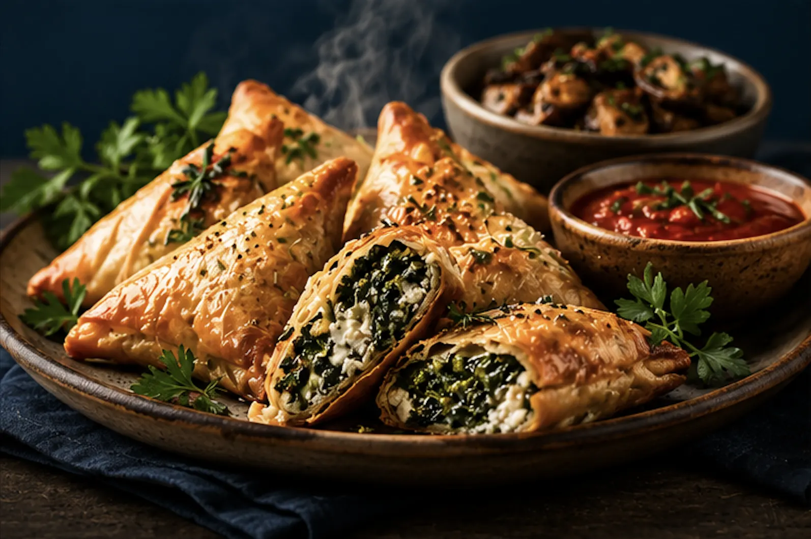 Goldbraun gebackene Teigtaschen aus dem Steinofen mit Tomatendip