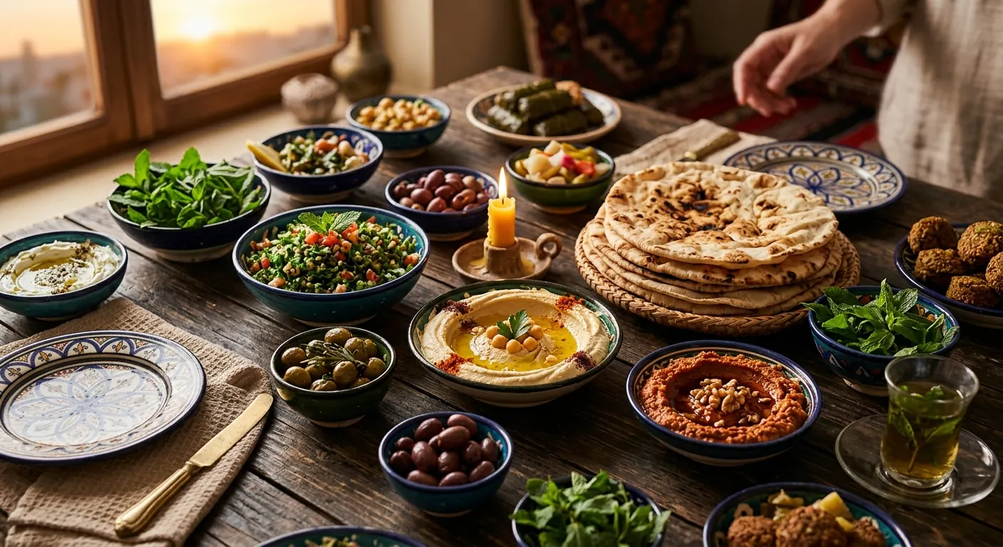 Warme Vorspeisen und Mezze auf einem gedeckten Tisch: Falafel, frittierte Kibbeh, Hummus, Tabbouleh und Fladenbrot